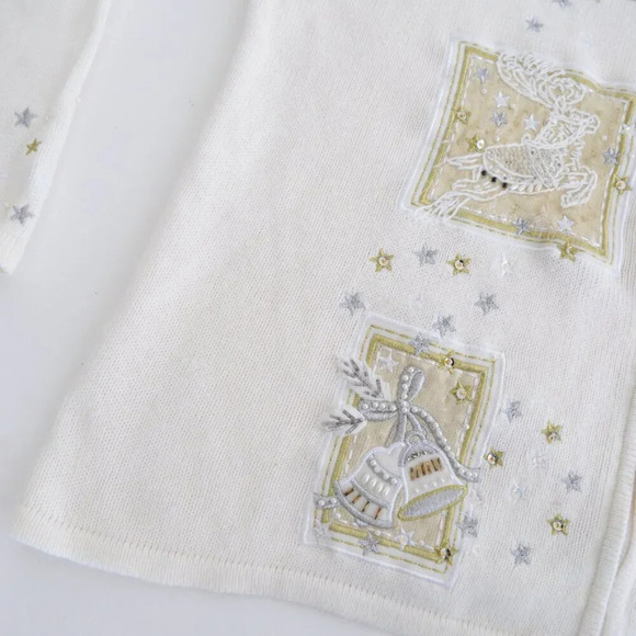 Vintage  Tiara Cream Ugly Christmas Beaded Reindeer Zip Up Cardigan Sweater XL - Picture 10 of 16